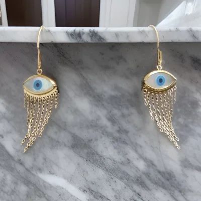 عکس گوشواره طلا چشم نظر ابرودار شالدار زنانه و دخترانه 18 عیار