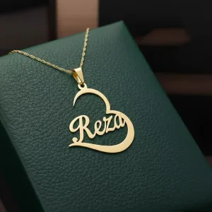 خرید پلاک طلا لیزری اسم رضا انگلیسی و قلب شیک و مدرن