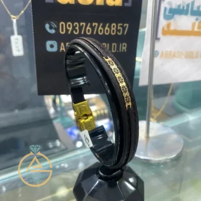 خرید دستبند طلا چرم طرح اسلیمی مردانه اسپرت 18 عیار شیک و جدید با وزن پایین