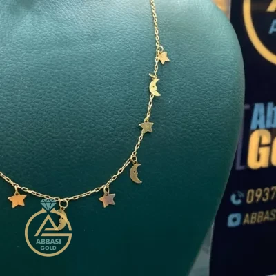 خرید زنجیر طلا آویز دار ستاره و ماه بدون اجرت و دست دوم زنانه و دخترانه 18 عیار