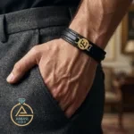 عکس دستبند طلا چرم حرف E ساده مردانه اسپرت سبک زیر نیم گرم